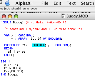 Screen excerpt showing top left corner of the window 'Buggy.MOD' with the compiler error message in the message bar of Alpha